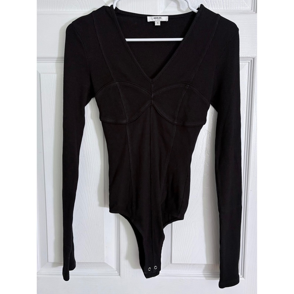 AGOLDE Devlin Bodysuit Size S Black Ribbed V-Neck Long Sleeve AE3133-1260-DUP